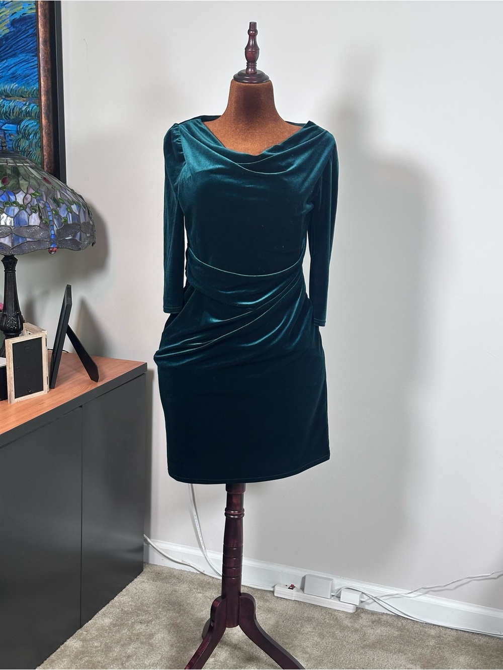Jessica Howard Emerald Green Velvet  Cowl Neck Sheath Dress